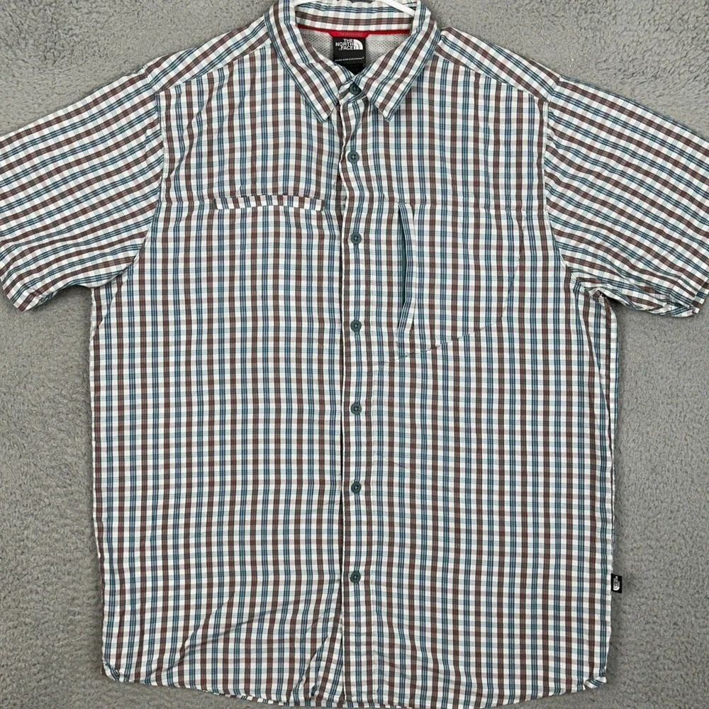 The North Face Shirt Men Large Teal Brown Plaid Button Up Hiking Outdoor Stretch